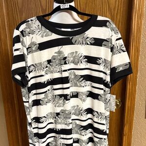 LuLaRoe Black & White Striped Tee with Leaf Print